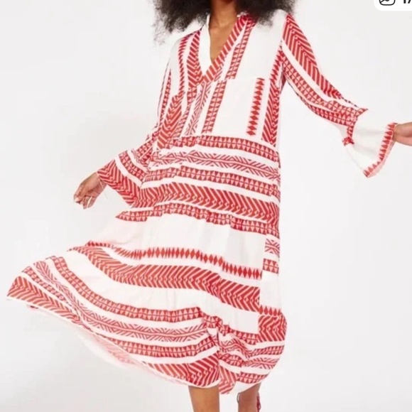 Silk And Salt Dress Aztec Print Boho Red White Midi Length Oversized Easy Fit - Picture 1 of 16